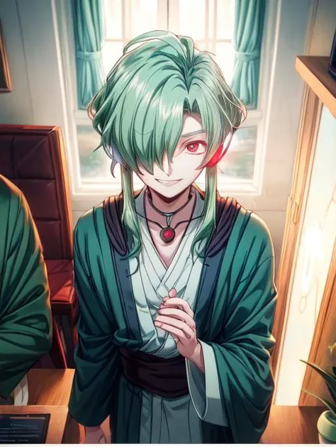 best quality, masterpiece, highres, detailed, <lora:Detail - add_detail:0.2>, JinkiV, green hair, headphones, red eyes, evil smile:0.3, <lora:JinkiV-10:1>, 1boy, green robes, indoors, screens, sci-fi, hair over eyes, glowing eyes, green clothing,