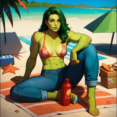 comic style, score_9, score_8_up, score_7_up, score_6_up , <lora:SheHulk1024:0.6>, SheHulk1024, 1girl, starfish print bikini, jeans, seductive, muscular, sitting on a beach blanket, tropical setting, cowboy shot, full body, Painstaking Attention To Details...