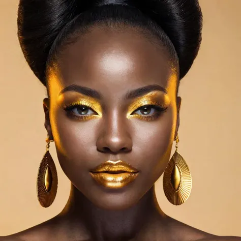 a woman with gold makeup and gold earrings