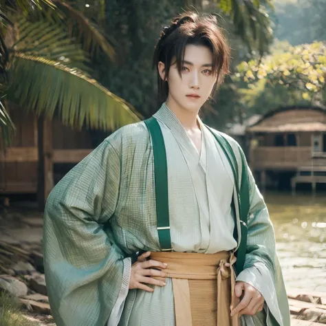 arafed asian man in a green and white kimono standing by a river