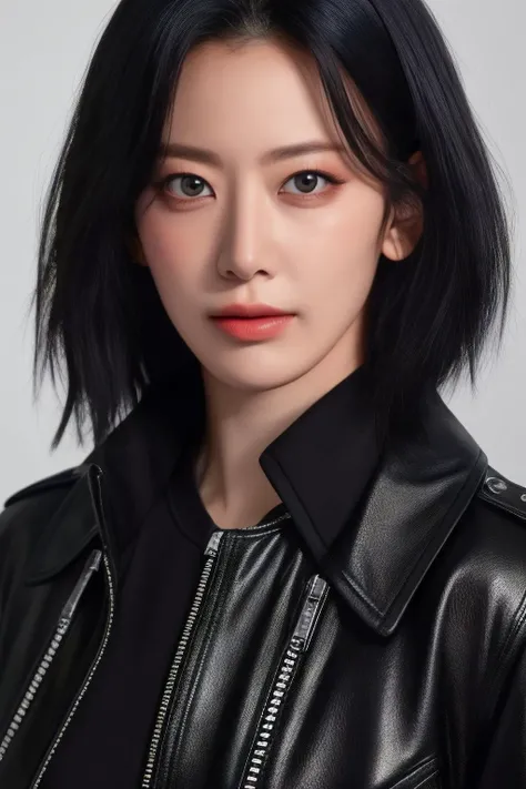 sakura1 1girl, solo, (realistic), (hyperrealism), (best quality), (masterpiece), (ultra high res), (ultradetailed), (photorealistic), (upper body:1.2), looking at the viewer, black jacket, at the studio, light eye makeup, detailed eyes, detailed face, <lor...