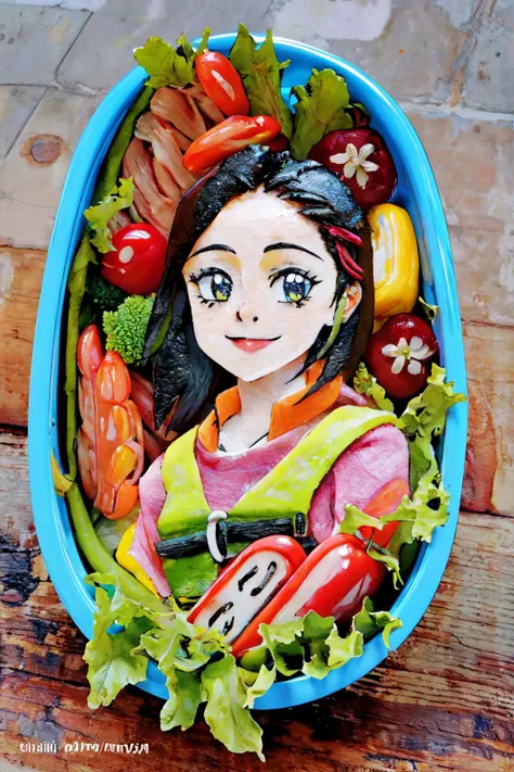 there is a plate with a woman and vegetables in it