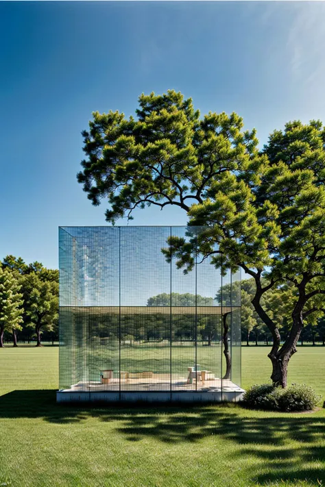 a glass structure in the middle of a field with trees