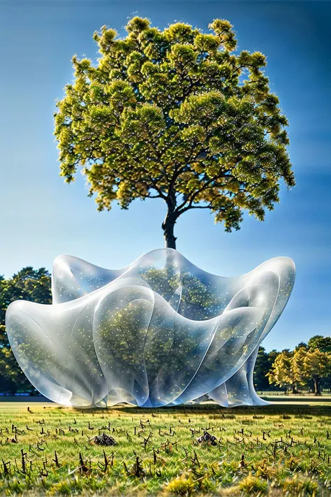 there is a large sculpture of a tree in a field