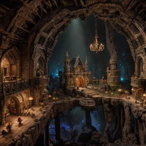 (masterpiece:1.2), (best quality,:1.2), 8k, HDR, ultra detailed, ((photorealistic)), professional light, cinematic lighting, fashion photography, ambient lighting, <lora:detail_slider_v4:3>, a magical underground dwarven city, FanUn, <lora:FantasyUndergrou...