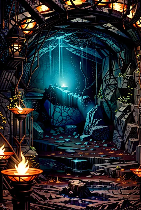 a painting of a cave with torches lit up in the dark