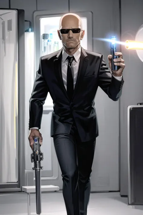 a close up of a man in a suit holding a gun