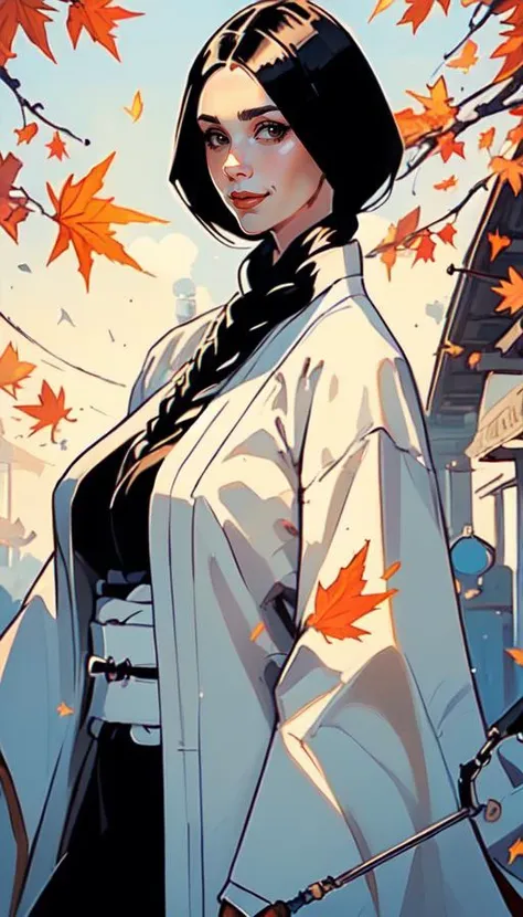 a woman in a white coat standing next to a tree