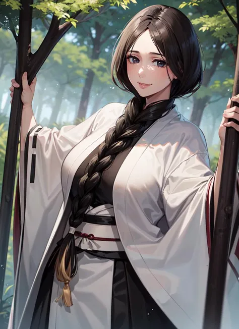 ((best quality)), ((highly detailed)), , (1girl), (solo), stretching, <lora:hairdetailer:.5>, <lora:unohana_retsu_v1:1>, unohana retsu, black hair, single braid, black eyes, ((mature female)), large breasts, smiling, white coat, black kimono, (outside, at ...