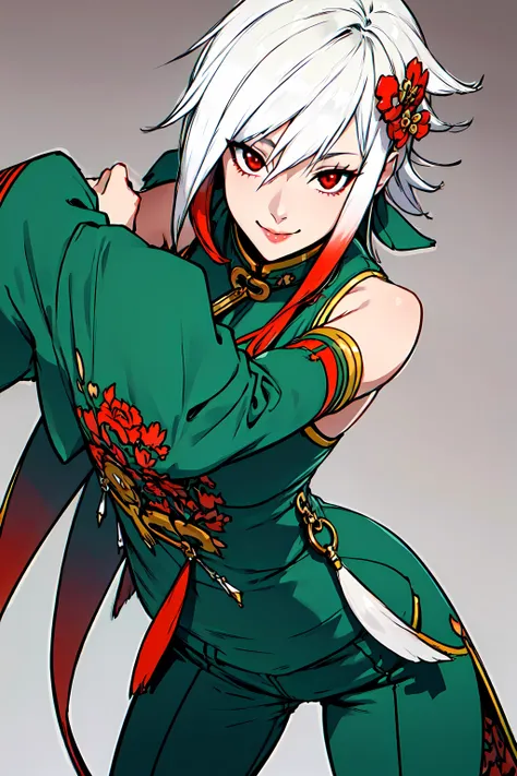 a close up of a person in a green outfit with a sword