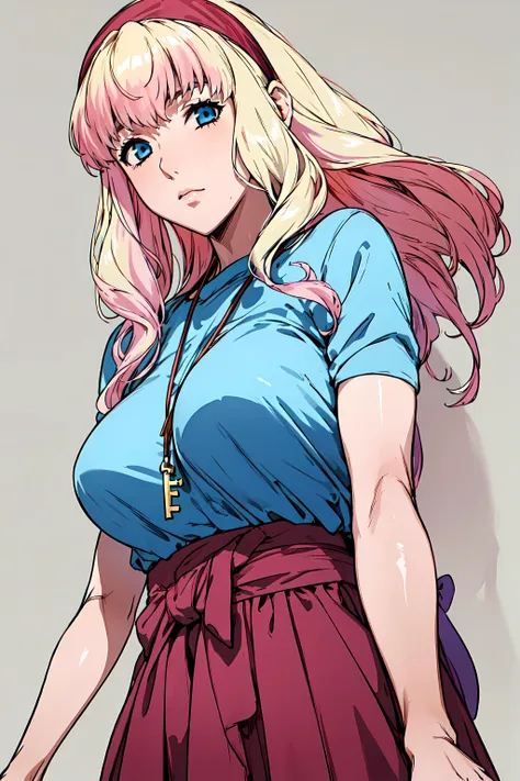 a close up of a woman with a pink hair and blue shirt