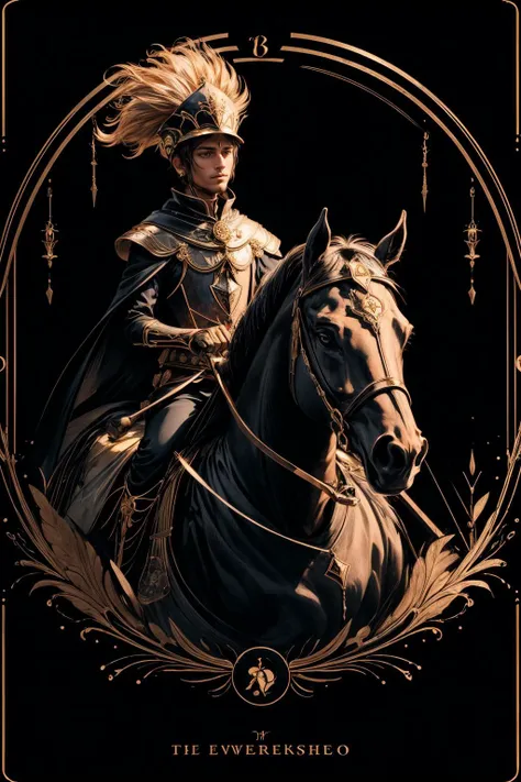 (best quality, masterpiece), (tarot, tarot card,:1.1)a  ghost on horseback wearing black cap, holding death black background, golden, (upper body:1.2), <lora:add_detail:1>  <lora:TarotIV:0.8>