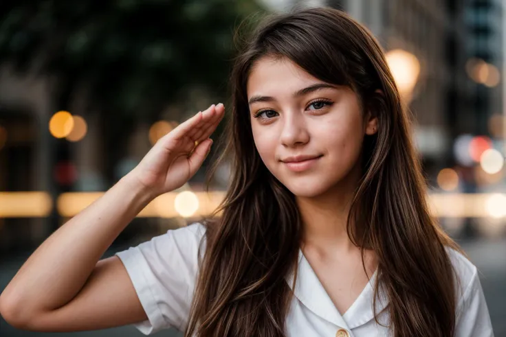 photo of a 18 year old girl,saluting,happy,ray tracing,detail shadow,shot on Fujifilm X-T4,85mm f1.2,sharp focus,depth of field,blurry background,bokeh,lens flare,motion blur,<lora:add_detail:1>,