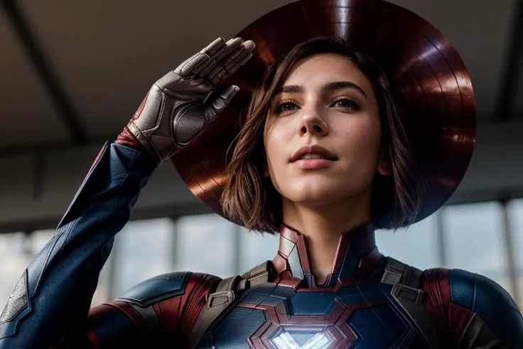 Marvel movies,upper body,from below,photo of a 18 year old girl,ironman,saluting,happy,ray tracing,detail shadow,shot on Fujifilm X-T4,85mm f1.2,sharp focus,depth of field,blurry background,bokeh,motion blur,<lora:add_detail:1>,