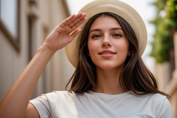 upper body,from below,photo of a 18 year old girl,saluting,happy,shirt,pants,ray tracing,detail shadow,shot on Fujifilm X-T4,85mm f1.2,sharp focus,depth of field,blurry background,bokeh,motion blur,<lora:add_detail:1>,