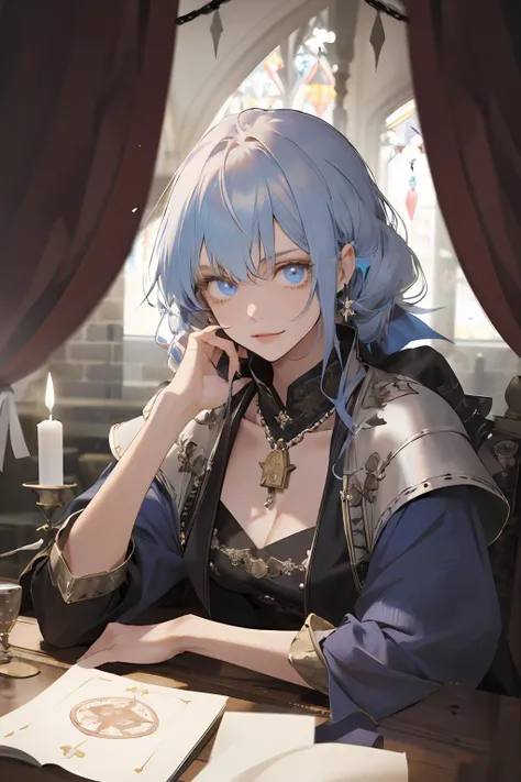 (absurdres, highres, ultra detailed), 1girl, solo, extremely detailed eyes, colorful, highest detailed, portrait, looking at viewer, solo, (full body:0.6), detailed background, close up, (high fantasy medieval theme:1.1), fortune teller, charlatan, smirk,...