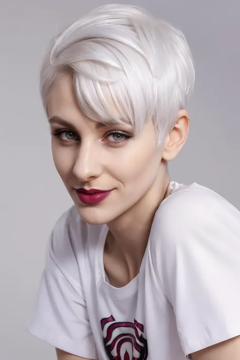 a close up of a woman with a white shirt and a red lipstick