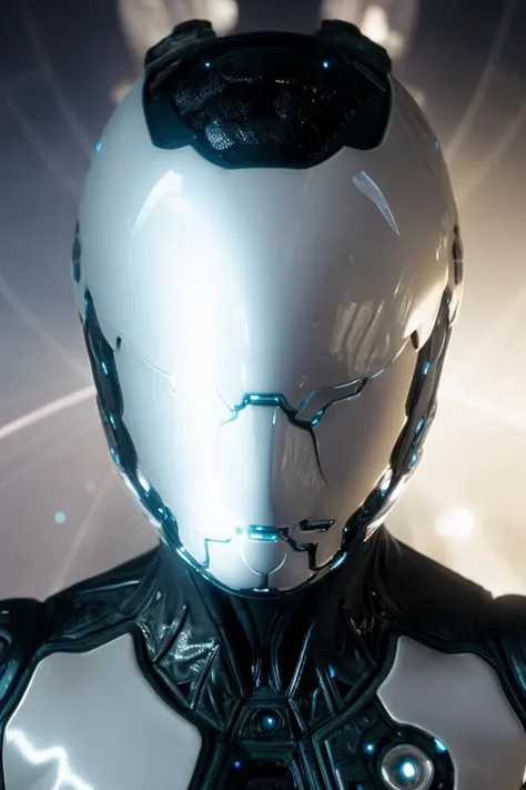 a close up of a robot with a futuristic look on his face