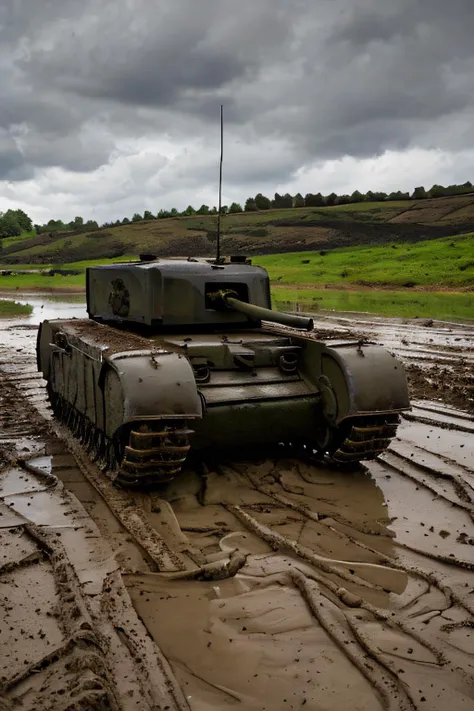 <lora:Churchill_Tank:0.7> churchill tank on a muddy field, tank, front view, covered in mud, heavy rain, heavy rainfall, low angle, from below, impressive sight, towering,