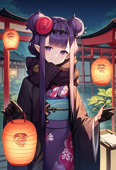 score_9, score_8_up, score_7_up, source_anime, 1girl, solo, inanewyears, purple kimono, floral print, obiage, double bun, hair flower, black cardigan, black scarf, black gloves, outdoors, shrine, night, food stalls, paper lantern, smile, <lora:inaXL:1.0>