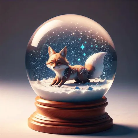 a close up of a snow globe with a fox inside