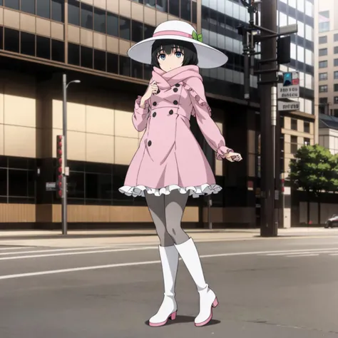 <lora:MayuriShiina002:0.5>,
Mayurizero,1girl,black hair,
hat,white headwear,
pink scarf,
dress,
skirt,frills,
pantyhose,white boots,
full body,city,