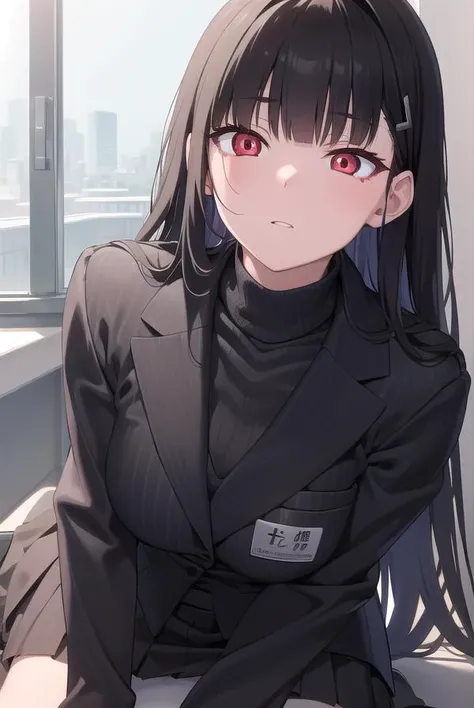 riotsukatsuki, <lyco:rio-lyco-nochekaiser:1>, 
rio, black hair, (red eyes:1.5), hair ornament, hairclip, halo, long hair,
BREAK black footwear, black jacket, black pantyhose, black skirt, buttoned cuffs, high heels, jacket, long sleeves, office lady, panty...