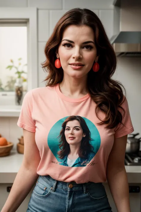 photo of (EPN1g3ll4L4ws0n:0.99), a beautiful woman, closeup portrait, perfect hair, (modern photo, coral Graphic t-shirt with a vibrant illustration of a majestic unicorn), 24mm, (analog, cinematic, film grain:1.3), smiling, serving food, (in a kitchen, gr...