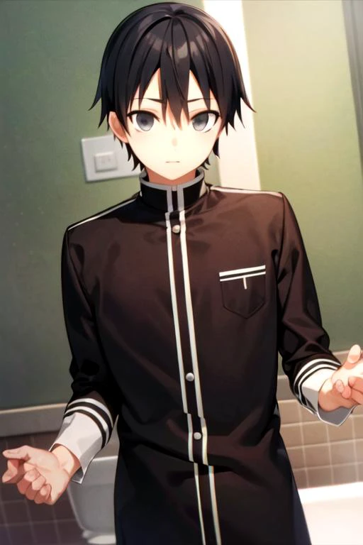 masterpiece, best quality, game cg, 1boy, solo, male focus, looking at viewer, upper body, depth of field, anime coloring, realistic, <lora:amatsuyu_kisaragi:0.72>, amatsuyu_kisaragi, black hair, black eyes, greek costume, bathroom,