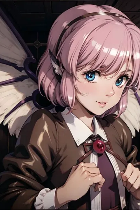 anime girl with pink hair and angel wings holding a sword