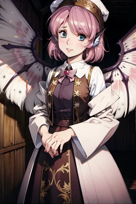 anime girl with pink hair and wings standing in front of a wooden door