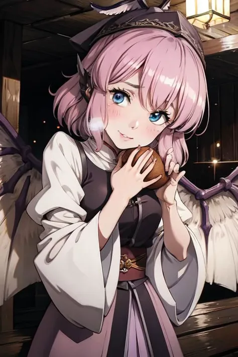 anime girl with pink hair and angel wings holding a donut