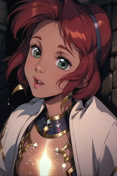 a woman with red hair and a white jacket is looking at something