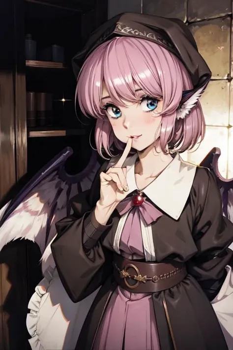 anime girl with pink hair and angel wings holding a finger up