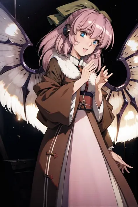 anime girl with pink hair and angel wings in a dark room