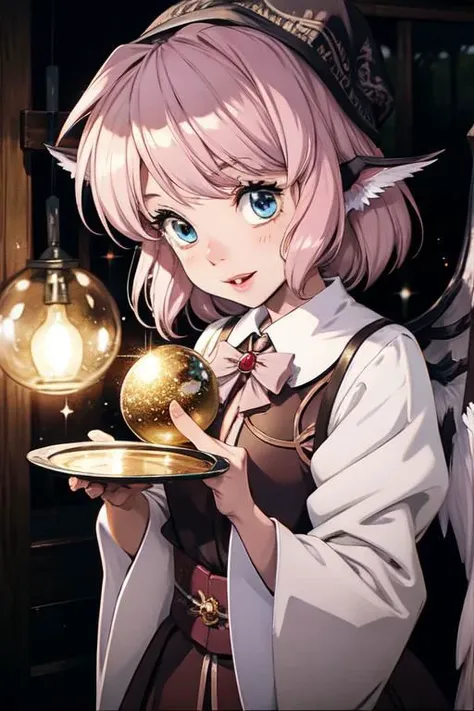 anime girl holding a plate with a golden ball in it