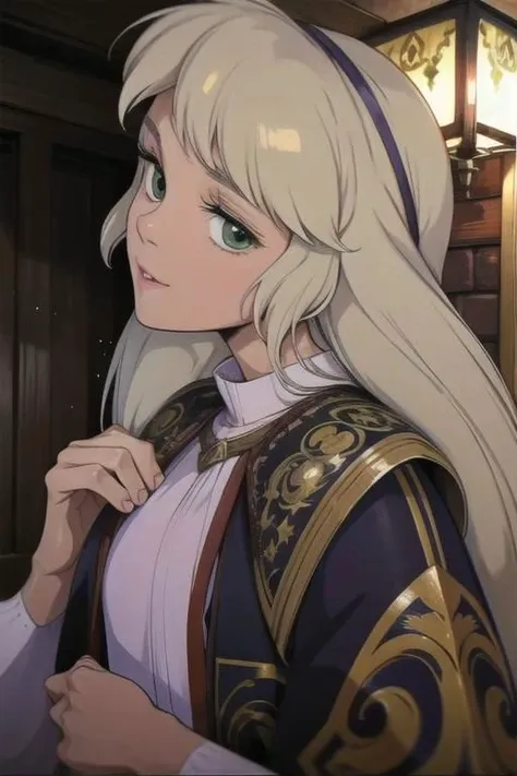 a woman with long white hair and a blue jacket