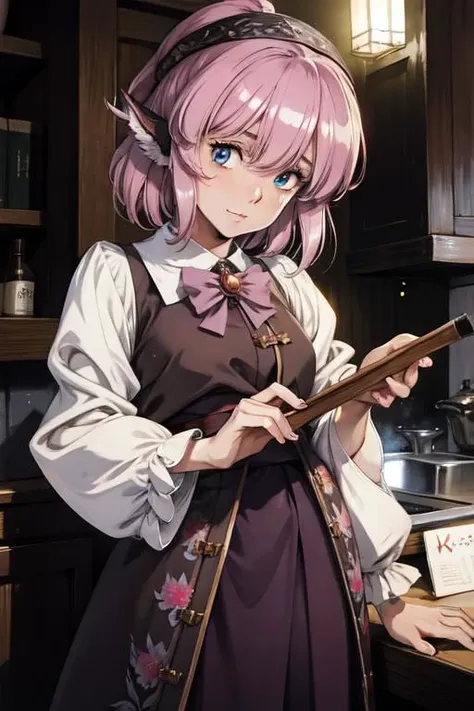 anime girl in a kitchen holding a book and a knife