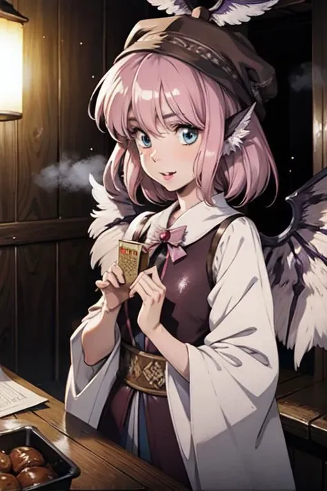 anime girl with pink hair and angel wings holding a cup of coffee