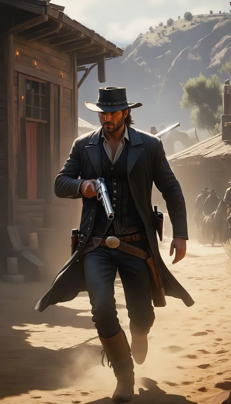 a man in a cowboy outfit is walking through a desert