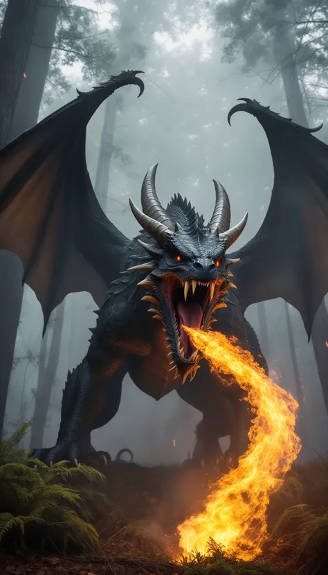 a giant monster hybrid of dragon and spider, in dark dense foggy forest, fire, no humans, open mouth, wings, dragon, sharp teeth, teeth, tail, solo, breathing fire, horns, monster, claws, smoke