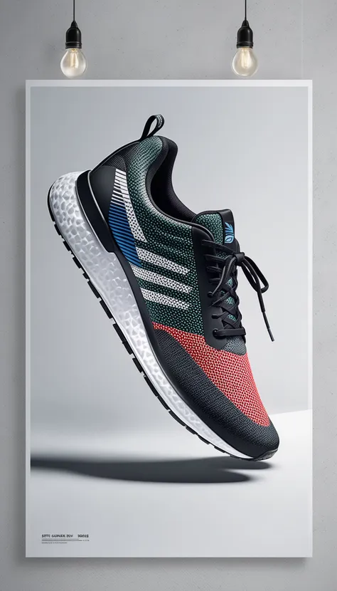 a poster of a black and red running shoe with a blue and green stripe