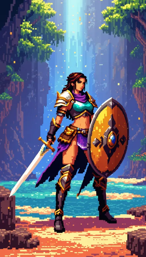 a woman in armor holding a sword and shield standing on a beach