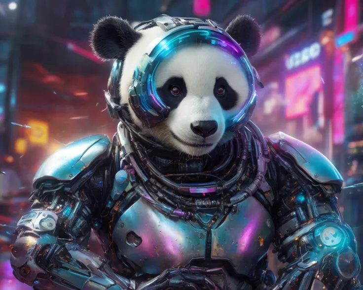 cyborg panda, dragon, valentines day, cybernetic implants, liquid metal, high tech, iridescence, ziprealism