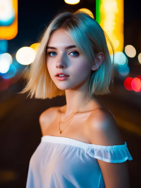 a close up of a woman with blonde hair and a white top