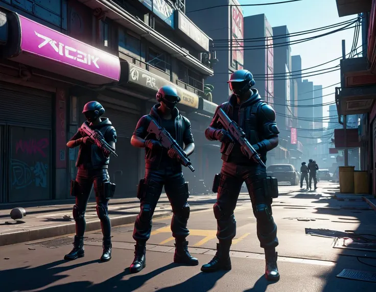 a group of people in a city with weapons and helmets