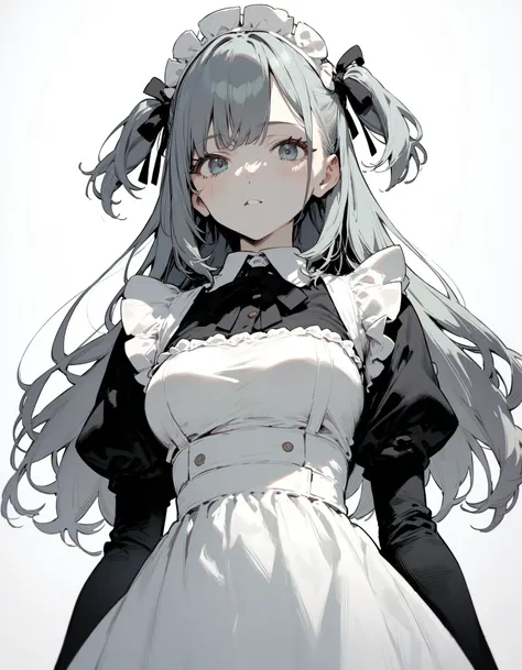 a close up of a woman in a maid outfit with a bow