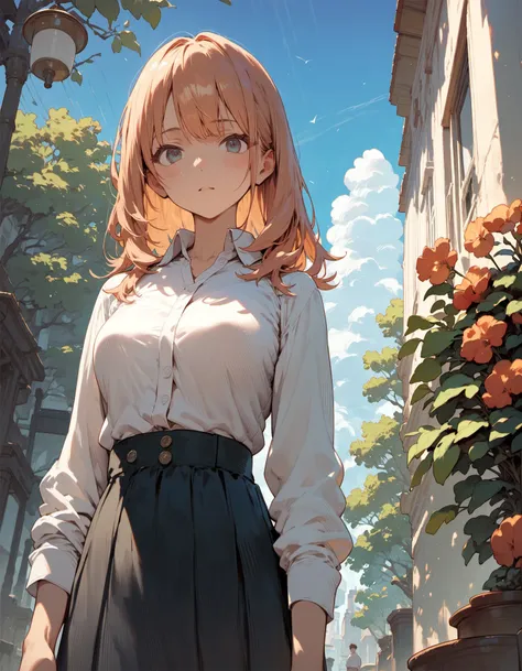 anime girl in a white shirt and black skirt standing in front of a building