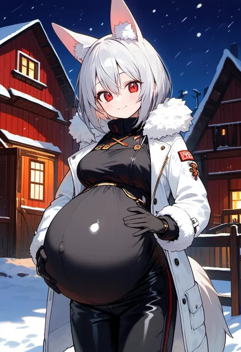 1girl,    
solo focus, fox ears, pregnant, medium breasts, dress, jacket, close-up, farm, night, snowing, smile, cowboy shot, pants, black pants, hair between eyes, snow, black gloves, gloves, short hair, red eyes, tail, black dress, white jacket, long sle...