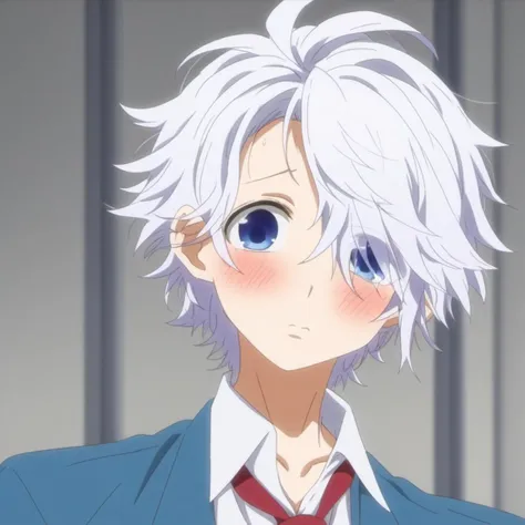 anime image of a man with white hair and blue eyes